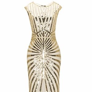 1920s Inspired Art Deco Gold Sequin Dress